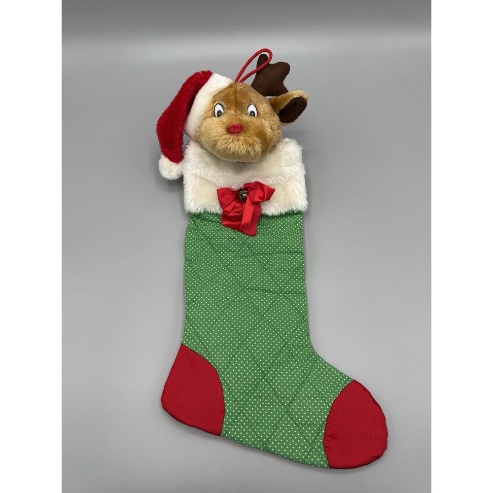 Vintage Reindeer In Santa Hat Plush Christmas Stocking No Tag